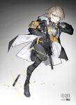  1girl absurdres american_flag black_boots black_jacket black_pants black_shirt boots bulletproof_vest character_name commentary explosive full_body girls'_frontline girls'_frontline_2:_exilium gradient_background grenade grenade_pin_in_mouth grey_background grey_hair gun highres holding holding_grenade jacket knee_pads kriss_vector open_clothes open_jacket pants shirt short_hair single_knee_pad solo standing standing_on_one_leg submachine_gun tr07 two-sided_fabric two-sided_jacket vector_(girls'_frontline) vector_(girls'_frontline_2) weapon yellow_eyes 
