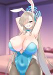  1girl absurdres animal_ear_hairband animal_ears arm_behind_head asuna_(blue_archive) asuna_(bunny)_(blue_archive) blonde_hair blue_archive blue_bow blue_bowtie blue_eyes blue_halo blue_leotard bow bowtie breasts cleavage commentary_request covered_navel cowboy_shot detached_collar fake_animal_ears grey_pantyhose grin hair_over_one_eye hairband halo highleg highleg_leotard highres huge_breasts leotard long_hair looking_at_viewer mole mole_on_breast pantyhose playboy_bunny rabbit_ears rabbit_tail smile strapless strapless_leotard sugata_ubo tail traditional_bowtie 