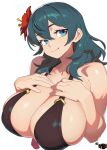  1girl alternate_breast_size_(larger) aqua_eyes artist_logo bikini black_bikini breast_suppress breasts cleavage closed_mouth commentary cropped_torso female_byleth_(fire_emblem) female_byleth_(summer)_(fire_emblem) fire_emblem fire_emblem:_three_houses flower gradient_eyes green_hair hair_between_eyes hair_flower hair_ornament hair_over_shoulder halterneck hand_on_own_chest hands_on_own_chest highres huge_breasts logo looking_at_viewer medium_hair mewmaster93 multicolored_eyes purple_eyes red_flower sideboob sideways_glance simple_background smile solo swimsuit tassel upper_body white_background 