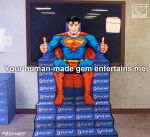  1boy absurdres artist_name blue_bodysuit bodysuit boots cape cowl dc_comics double_thumbs_up full_body highres muscular muscular_male parody pizza990 red_boots red_cape sitting smile solo superhero_costume superman superman_(series) superman_logo thumbs_up 