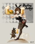  1girl ;p alcohol animal_ears argyle_background bare_arms beer beer_mug black_bow black_bowtie black_leotard black_shoes black_thighhighs bow bowtie braid breasts brown_hair bunny_bunny_(reverse:1999) burger character_signature cleavage cup detached_collar fake_animal_ears food fragrance_(freakyduck9000) french_fries full_body green_eyes grey_background highres holding holding_cup holding_tray large_breasts leotard low_twin_braids medium_hair mug one_eye_closed pantyhose playboy_bunny rabbit_ears rabbit_tail reverse:1999 shoes solo standing standing_on_one_leg stuffed_animal stuffed_toy tail teddy_bear thighhighs tongue tongue_out traditional_bowtie tray twin_braids white_wrist_cuffs wrist_cuffs 