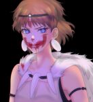  1girl black_armlet black_background blood blood_from_mouth blood_on_clothes blood_on_face blue_eyes breasts brown_hair cape circlet closed_mouth earrings facepaint fur_cape furrowed_brow highres jewelry looking_at_viewer medium_breasts mononoke_hime necklace parted_bangs san_(mononoke_hime) shirt short_hair solo steklowataa studio_ghibli tooth_necklace upper_body white_shirt 