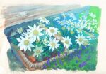  border flower garden grass highres no_humans original painting_(medium) path plant plant_focus purple_flower sawitou_mizuki traditional_media white_border white_flower wooden_wall 