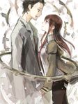  1girl black_hair black_legwear brown_hair couple eye_contact height_difference hetero jacket kuromu_(kaeru) labcoat legwear_under_shorts long_hair looking_at_another makise_kurisu necktie okabe_rintarou pantyhose profile shorts simple_background steins;gate tegaki 