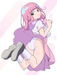  1girl absurdres ass blue_eyes blush commentary_request crescent crescent_hair_ornament grey_shoes hair_ornament hand_up highres long_hair looking_at_viewer looking_back mahou_no_shimai_lulutto_lilly nonoyama_rui panties parted_lips pink_hair pink_skirt pleated_skirt purple_sailor_collar sailor_collar school_uniform serafuku shirt shoe_soles shoes short_sleeves skirt socks solo temari_rin underwear white_background white_panties white_shirt white_socks 