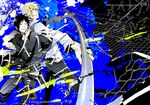  black_hair blonde_hair brown_eyes coat durarara!! fujimaru_(inumog) heiwajima_shizuo knife male_focus multiple_boys orihara_izaya red_eyes vest 