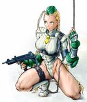  alternate_color antenna_hair blonde_hair blue_eyes boots braid breasts cammy_white covered_nipples fingerless_gloves garrison_cap gloves green_eyes gun hat holding holding_gun holding_weapon holster large_breasts leotard long_hair rope scar street_fighter street_fighter_zero_(series) submachine_gun teketeke_(tekenotteke) thigh_holster trigger_discipline twin_braids twintails weapon white_leotard zipline 