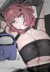  1girl :o ai-generated_art_(topic) alternate_breast_size_(larger) alternate_costume among_us armpits arms_up ash_baby_(meme) azz0422 bandeau bare_shoulders breasts choker cleavage commentary crewmate_(among_us) detached_sleeves highres huge_breasts large_breasts meme open_mouth pink_hair purple_eyes ramiel_(zenless_zone_zero) short_hair solo spacesuit sweat underboob upper_body zenless_zone_zero 