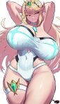  1girl absurdres arms_behind_head arms_up artist_logo bare_arms blonde_hair breasts chest_jewel choker clothing_cutout commentary core_crystal_(xenoblade) covered_navel cowboy_shot earrings highres hip_vent huge_breasts jewelry logo long_hair looking_to_the_side mewmaster93 mythra_(radiant_beach)_(xenoblade) mythra_(xenoblade) official_alternate_costume one-piece_swimsuit sideways_glance simple_background skindentation solo swept_bangs swimsuit thick_thighs thighs tiara unaligned_breasts v-shaped_eyebrows white_background white_choker white_one-piece_swimsuit xenoblade_chronicles_(series) xenoblade_chronicles_2 yellow_eyes 
