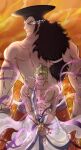  abs black_hair chonmage collarbone cowboy_shot eye_trail fiery_background fire green_hair grin haki_(one_piece) height_difference highres holding holding_sword holding_weapon katana kouzuki_oden lend_me_some_haki_oden_(meme) light_trail long_hair meme muginokaizoku muscular muscular_male one-eyed one_piece pectorals roronoa_zoro scar scar_across_eye scar_on_chest scar_on_face short_hair smile sparks sword topknot veins veiny_arms weapon 
