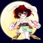  :d animal_ears brown_eyes brown_hair bunny_ears full_moon highres inaba_tewi japanese_clothes jumping kimono moon obi open_mouth sandals sash short_hair smile solo thighhighs tongue touhou white_legwear yukata yume_shokunin zettai_ryouiki 