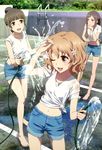  :d ;d absurdres bangs barefoot blunt_bangs brown_eyes brown_hair chin_rest cleaning_brush denim denim_shorts empty_pool flower fujii_yasuo hair_bun hair_flower hair_ornament hanasaku_iroha highres hose matsumae_ohana midriff multiple_girls navel nyantype official_art one_eye_closed open_mouth oshimizu_nako pool pool_ladder scan shirt short_shorts shorts sleeves_rolled_up smile splashing standing tied_shirt tsurugi_minko water wet wet_clothes 