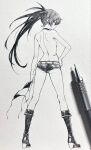  1girl art_tools_in_frame ass black_rock_shooter black_rock_shooter_(character) boots bra breasts choker commentary_request dimples_of_venus full_body graphite_(medium) greyscale hand_on_own_hip highres holding holding_bra holding_underwear holding_unworn_clothes long_hair looking_back median_furrow monochrome ponytail seishun_dendeke short_shorts shorts simple_background small_breasts solo standing traditional_media underwear very_long_hair white_background 