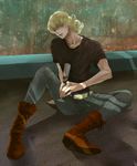  barnaby_brooks_jr belt blonde_hair boots cup drinking_glass glasses highres jewelry kinopipiko male_focus necklace shirt sitting solo studded_belt t-shirt tiger_&amp;_bunny wine_glass 