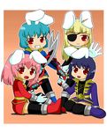  animal_ears aqua_hair blonde_hair bunny_ears carrot chiester00 chiester410 chiester45 chiester556 chiester_sisters eyepatch gun kaizoku_sentai_gokaiger multiple_girls nekomaru_fubuki parody pink_hair purple_hair red_eyes super_sentai sword thighhighs twintails umineko_no_naku_koro_ni weapon zettai_ryouiki 