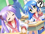  2girls blue_eyes blush dress female game_cg girl green_eyes hiiragi_kagami izumi_konata long_hair lucky_star multiple_girls pink_hair purple_hair raki_kosu school_uniform schoolgirl serafuku twintails uniform 