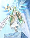  absurdres armor armpits bare_shoulders blush breasts choker circlet crown dress eggplant eggplant_wizard goddess green_eyes green_hair hat highres jewelry kid_icarus lala-kun large_breasts long_hair lots_of_jewelry lowres necklace nintendo off_shoulder official_art palutena pendant shield sitting solo tamamon thighhighs tiara vambraces very_long_hair 