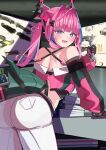  1girl absurdres arknights arknights:_endfield arm_support ass bare_shoulders black_gloves black_horns blue_eyes commentary_request criss-cross_back-straps crop_top desk diamond_in_eye dragon_girl dragon_horns dragon_tail gloves hair_intakes hair_on_horn highres holding holding_wrench horns long_hair looking_at_viewer multicolored_gloves multicolored_hair multicolored_horns open_mouth pants pink_gloves pink_hair pink_horns pink_sleeves pink_tube_top pointy_ears smile solo strapless streaked_hair tail tools toraneko21_7 tube_top two-sided_gloves two-tone_gloves two-tone_horns white_pants wrench yvonne_(arknights) 
