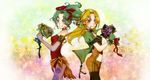  bad_id bad_pixiv_id blonde_hair bouquet celes_chere earrings final_fantasy final_fantasy_vi flower gloves green_eyes green_hair hair_ornament hair_ribbon jewelry long_hair moto_hiro multiple_girls pantyhose ponytail purple_eyes ribbon smile tina_branford 