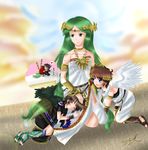  absurdres green_hair highres jewelry kid_icarus long_hair nintendo off_shoulder official_art palutena pit shield thighhighs tiara very_long_hair watermark 