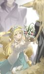  1boy 2girls absurdres animal_ears arknights blonde_hair blue_hairband chinese_commentary commentary_request father_and_child father_and_daughter flower fox_ears fox_girl fox_tail frilled_hairband frills green_eyes hairband highres holding husband_and_wife kitsune long_hair long_sleeves mother_and_child mother_and_daughter multiple_girls official_alternate_costume parent_and_child skirt suzuran's_father_(arknights) suzuran_(arknights) suzuran_(spring_praise)_(arknights) tail vulpisfoglia_(arknights) xing_feng_singfor 