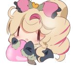  :d absurdres animal_print blonde_hair blush bow chibi fishnet_pantyhose fishnets gyaru hair_bow heart heartsync highres kirbycandymeow leopard_print multicolored_hair pantyhose pink_bow pink_eyes siena_olena smile two-tone_hair virtual_youtuber |_| 