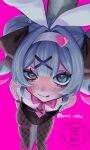  1girl absurdres animal_ear_hairband animal_ears aqua_eyes aqua_hair arms_behind_head belt black_leotard black_pantyhose bow bowtie buzz_nou commentary facial_mark fake_animal_ears fishnet_pantyhose fishnets hair_ornament hairband hatsune_miku heart heart_hair_ornament highres leotard looking_at_viewer necktie pantyhose pink_background pink_bow pink_bowtie pink_necktie playboy_bunny pole rabbit_ear_hairband rabbit_ears rabbit_hole_(vocaloid) short_necktie simple_background solo stripper_pole teardrop_facial_mark thigh_belt thigh_strap twintails twitter_username vocaloid white_hairband x_hair_ornament 