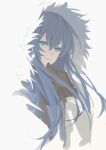  1girl absurdres arknights blending blue_eyes blue_hair chinese_commentary commentary_request fur-trimmed_hood fur_trim gloves hair_between_eyes hand_to_own_mouth highres hood hood_up long_hair looking_at_viewer mostima_(arknights) shenhuili simple_background smile solo upper_body white_background 