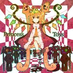  alternate_costume amputee blonde_hair checkered checkered_floor crossed_legs crown flandre_scarlet highres itomugi-kun laevatein red_eyes short_hair side_ponytail sitting solo stuffed_animal stuffed_toy teddy_bear throne touhou wings 