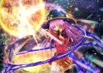  1girl aikawa_megumi asukamama89 blue_eyes commentary_request cosplay explosion eyepatch hat heaven_burns_red highres holding holding_staff kono_subarashii_sekai_ni_shukufuku_wo! mage_staff megumin megumin_(cosplay) narby_(heaven_burns_red) red_shirt shirt slime_(creature) staff witch_hat 