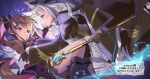  2girls animal_ears blue_eyes brown_hair commentary_request fox_ears fox_girl hime_cut holding holding_staff magical_girl mahou_shoujo_holowitch! momone_cco multiple_girls natsuiro_matsuri red_eyes shirakami_fubuki smile staff thighhighs white_hair wide_sleeves 