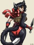 2026 anthro arm_back bent_arm big_eyes biped black_hair bodysuit butt clothing colored delicious_in_dungeon digital_drawing_(artwork) digital_media_(artwork) dipstick_tail domestic_cat eyebrows eyelashes felid feline felis female fur furgonomic_bodysuit furgonomic_topwear furgonomics grey_body grey_fur hair hi_res holding_object holding_weapon humanoid_face inner_ear_fluff izutsumi_(delicious_in_dungeon) kunai light_body light_skin long_tail looking_at_viewer looking_back mammal markings open_mouth pointy_ears portrait pose prick_ears rear_view red_bodysuit red_clothing red_scarf red_skinsuit red_topwear scarf shaded short_hair signature simple_background skinsuit smile soft_shading solo standing straight_hair tail tail_markings tan_background tan_clothing tan_topwear tan_vest teeth thelivingshadow thick_eyebrows three-quarter_portrait tight_clothing topwear tuft vest weapon white_hair white_tail_tip wrist_guards yellow_eyes