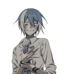  1boy :d \||/ bags_under_eyes blue_hair blue_nails blue_necktie collared_shirt commentary_request constricted_pupils cowlick double-parted_bangs double_\||/ from_below furrowed_brow grin hair_between_eyes hand_on_own_chest hand_up jitome korean_commentary male_focus matsudappoiyo multicolored_hair muted_color nail_polish necktie nupi_000 pale_skin red_eyes shirt short_hair sidelocks simple_background smile solo streaked_hair three-quarter_sleeves turning_head two-tone_hair upper_body utau white_background white_shirt white_streaks wristband 