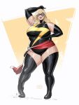  1girl artist_name black_boots black_gloves black_leotard blonde_hair blue_eyes boots breasts commentary commission dimple elbow_gloves english_commentary eye_mask fat fatter_than_canon full_body gloves hand_on_own_hip highres large_breasts leotard looking_to_the_side marvel mask ms._marvel_(carol_danvers) pepedraws pointing pointing_to_the_side red_lips red_sash sash smile solo thick_thighs thigh_boots thighs 