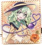  1girl black_hat buttons collared_shirt commentary_request cropped_torso diamond_button disembodied_linked_eye eyeball flower frilled_shirt_collar frills green_eyes green_hair hat heart heart-shaped_pupils heart_of_string komeiji_koishi long_sleeves looking_at_viewer miy_001 open_mouth orange_flower orange_rose paper_flower photo_(medium) rose shikishi shirt smile solo symbol-shaped_pupils touhou traditional_media upper_body wide_sleeves yellow_shirt 