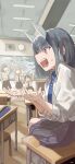  >_< 4girls absurdres aoki_ruri black_hair black_skirt blue_hair blue_necktie blush brown_hair chalkboard classroom closed_eyes collared_shirt desk dragon_girl dragon_horns fangs grey_hair grey_skirt hagiwara_yuka highres horns indoors kashiro_airi long_hair long_sleeves medium_hair multicolored_hair multiple_girls necktie open_mouth pink_hair pleated_skirt pointing red_eyes ruridragon school_desk school_uniform shirt short_hair sidelocks sitting skirt sleeves_rolled_up smile sweat sweatdrop teeth tyaui_(xjju4435) white_shirt 