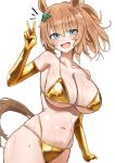  1girl absurdres animal_ears bare_shoulders bikini blonde_hair blue_eyes blush breasts brown_hair cleavage collarbone commentary elbow_gloves english_commentary gloves gold_bikini gold_gloves golden_week hair_between_eyes hair_ornament highres horse_ears horse_girl horse_tail large_breasts long_hair looking_at_viewer navel open_mouth ponytail revision simple_background smile solo standing star_(symbol) star_hair_ornament stomach sweat swimsuit taiki_shuttle_(umamusume) tail tomosakaaa umamusume v wet white_background 