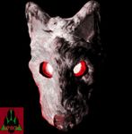  black_background blank_stare canine drachen20 fur grey_fur horror mammal mask nightmare_fuel pawprint plain_background red_sclera solo wallpaper wolf 