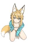  1girl animal_ear_fluff animal_ears aqua_jacket bikini breasts closed_mouth fox_ears fox_girl fox_tail from_above gold_bikini jacket long_sleeves looking_at_viewer looking_up nito_(nshtntr) open_clothes open_jacket original simple_background sitting small_breasts solo swimsuit tail white_background yellow_eyes 