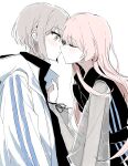  2girls bang_dream! bang_dream!_it's_mygo!!!!! black_shirt chihaya_anon commentary grey_hair highres imminent_kiss jacket long_hair long_sleeves multiple_girls open_clothes open_jacket pink_hair shirt short_hair simple_background suudori takamatsu_tomori white_background white_jacket yuri 