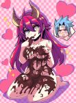  1boy 1girl ahoge barefoot blue_eyes blue_hair blush blush_stickers breasts character_request chocolate chocolate_on_body collarbone commentary completely_nude copyright_request demon_girl demon_horns drooling food_on_body full_body hair_between_eyes heart heterochromia highres horns jujutsu_kaisen licking licking_finger long_hair looking_to_the_side mizzu_(mizzuiita) mizzuiita mouth_drool naked_chocolate navel nude red_hair seiza simple_background sitting spanish_commentary spiked_hair yellow_eyes 