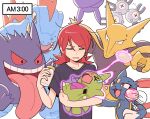  >_< 1boy afterimage alakazam alternate_costume baby_bottle black_shirt bottle chueog closed_eyes collarbone commentary crobat crying feraligatr gengar glowing highres holding holding_pokemon long_hair magneton male_focus motion_lines open_mouth pokemon pokemon_(creature) pokemon_heartgold_and_soulsilver pupitar rattle red_hair shirt short_sleeves sleepy sneasel spoon squeans t-shirt tears untranslatable_commentary white_background 