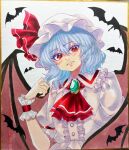  1girl ascot bat_(animal) bat_wings blue_hair blush brooch center_frills collared_shirt commentary_request frilled_shirt_collar frilled_wrist_cuffs frills grin hat hat_ribbon highres jewelry medium_hair mitsu~ mob_cap red_ascot red_eyes red_wrist_cuffs remilia_scarlet ribbon shikishi shirt skirt skirt_set smile solo touhou traditional_media upper_body white_hat white_shirt wings wrist_cuffs 