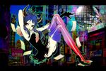  blue_hair boots dress gumi high_heels horns letterboxed red_eyes shoes short_dress short_hair solo thigh_boots thighhighs tongue vocaloid yokoyari_mengo zettai_ryouiki 