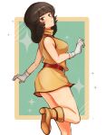  1girl aeug belt black_eyes commentary_request dress fa_yuiry from_side gloves gundam long_hair looking_at_viewer mondai_(hdtx8485) short_dress sleeveless solo sparkle white_gloves yellow_dress zeta_gundam 