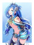  1girl :d aqua_eyes armor arms_behind_back blue_background blue_hair border breasts cleavage crotch_plate dana_iclucia detached_collar faulds floating_hair floating_ribbon gradient_background hair_ornament hair_rings hairband highres leaning_forward long_hair low-tied_long_hair metal_hairband navel open_mouth parted_bangs revealing_clothes ribbon shiroki_yuu shoulder_tattoo simple_background small_breasts smile solo spiked_hairband spikes stomach swept_bangs tattoo twintails underboob upper_body very_long_hair white_border white_ribbon ys ys_viii:_lacrimosa_of_dana 