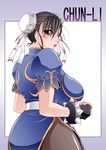  bracelet breasts brown_eyes brown_hair bun_cover capcom china_dress chinese_clothes chun-li double_bun dress earrings jewelry large_breasts llooking_back looking_back roshiman spiked_bracelet spikes street_fighter 