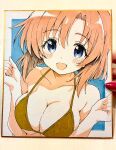  1girl :d artist's_hand_in_frame bikini blue_background blue_eyes blush_stickers border breasts cleavage collarbone commentary_request dot_nose gold_bikini hair_between_eyes hands_up highres higurashi_no_naku_koro_ni large_breasts looking_at_viewer niyane open_mouth orange_hair outside_border ryuuguu_rena shikishi short_hair smile solo swimsuit traditional_media upper_body white_border 