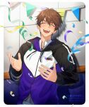  1boy absurdres brown_hair closed_eyes commentary_request confetti drawstring ensemble_stars! fingernails food food_on_face gobong_(gobong_bb) hair_between_eyes hands_up highres jacket korean_commentary long_sleeves male_focus morisawa_chiaki open_hands open_mouth short_hair smile solo string_of_flags teeth upper_body upper_teeth_only watermark 