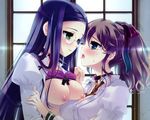  bondage bra breasts brown_hair erect_nipples glasses hamashima_shigeo hanamadoka_shino nipples pochi_to_goshujin-sama purple_hair seifuku underwear wet yamamine_hijiri_bernard yuri 